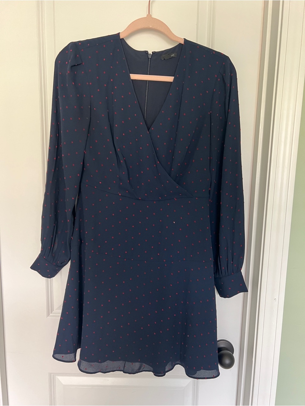 Ann Taylor Navy Long-Sleeve Wrap-Style Dress with Red Dot Print